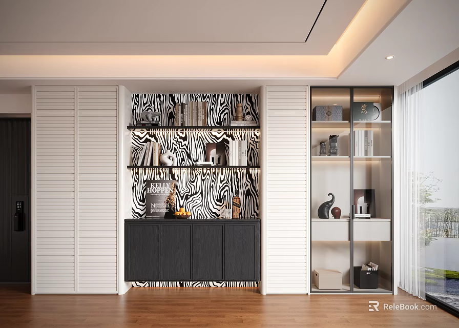 Modern Decorative Cabinet With Zebra Pattern Background White Louver Doors And Open Shelves 3d model 