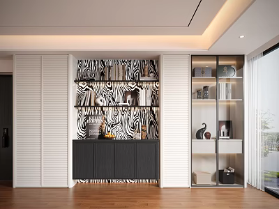 Modern Decorative Cabinet With Zebra Pattern Background White Louver Doors And Open Shelves 3d model