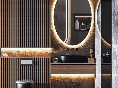 Modern Bathroom Vanity Design With Circular Backlit Mirror And Black Sink On Marble Countertop 3d model