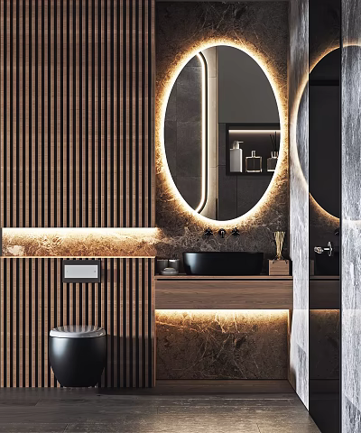 Modern Bathroom Vanity Design With Circular Backlit Mirror And Black Sink On Marble Countertop 3d model
