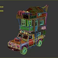 Colorful Truck Featuring Stacked House Like Structure With Colorful Roofs Walls And Luggage