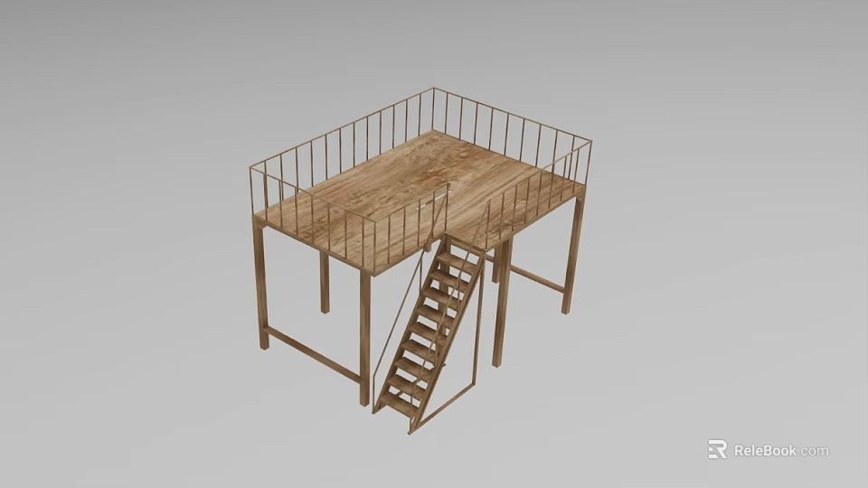Industrial Equipment Featuring Heavy Duty Wooden Platform With Metal Railings And Staircase 3d model 