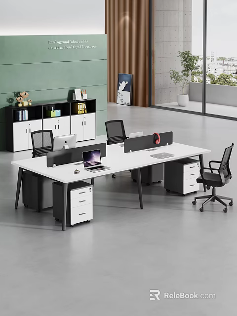 Modern Office Desk With Computers Dividers Black Office Chairs And Storage Cabinets In Bright Workspace 3d model 