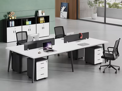 Modern Office Desk With Computers Dividers Black Office Chairs And Storage Cabinets In Bright Workspace 3d model