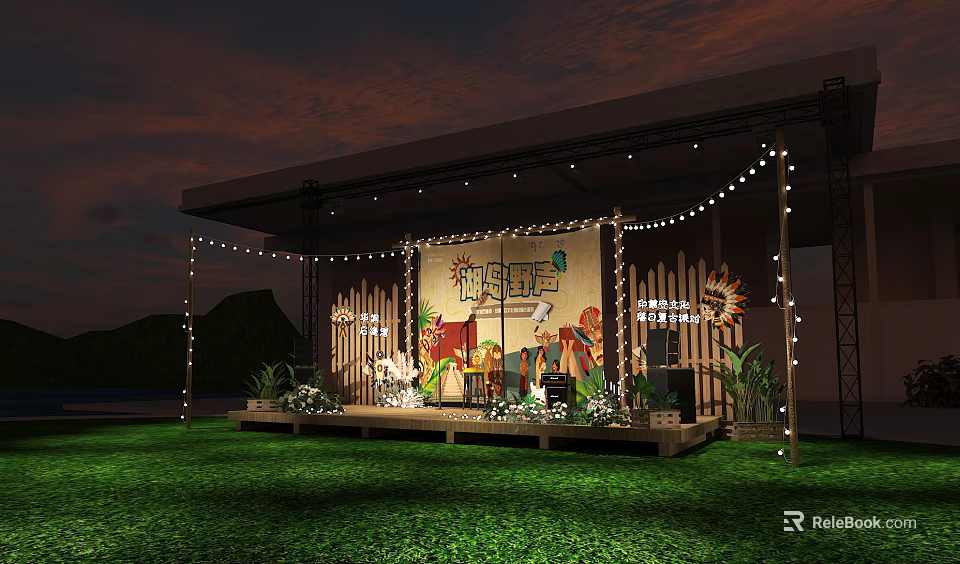 Outdoor Festival Stage Design With String Lights Decorative Panels And Lawn Under Sunset Sky 3d model 
