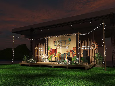 Outdoor Festival Stage Design With String Lights Decorative Panels And Lawn Under Sunset Sky 3d model