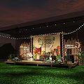 Outdoor Festival Stage Design With String Lights Decorative Panels And Lawn Under Sunset Sky