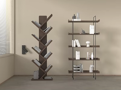 Modern Multi layer Wooden and Metal Bookshelves with Books and Decorative Items 3d model