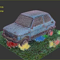 Abandoned Old Blue Rusty Car Parked On Stony Ground With Weeds