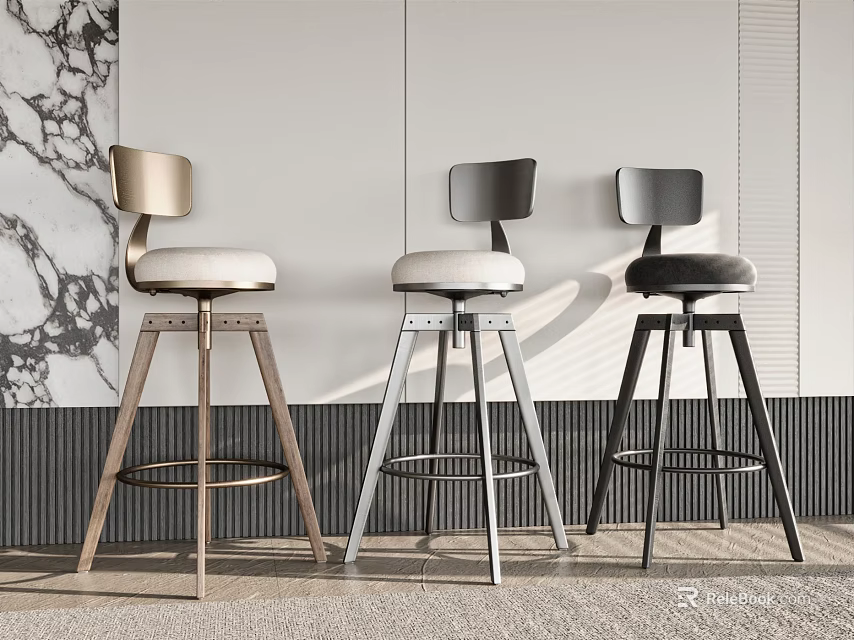 Modern Bar Stools With Upholstered Seats And Diverse Metal Wood Bases 3d model 