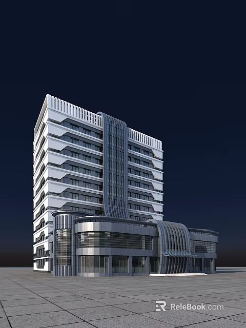 Modern High Rise Office Building With Glass Curtain Wall And Metal Structure At Night 3d model 