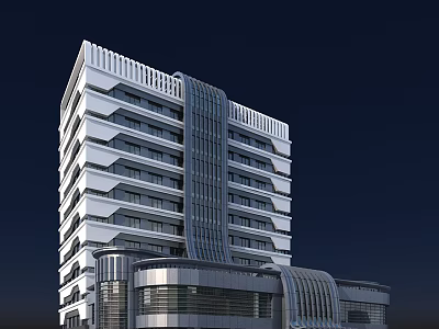 Modern High Rise Office Building With Glass Curtain Wall And Metal Structure At Night 3d model