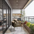 Modern Home Balcony With Outdoor Furniture Green Plants Glass Doors Wooden Ceiling And City View