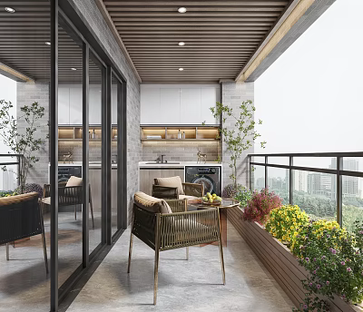 Modern Home Balcony With Outdoor Furniture Green Plants Glass Doors Wooden Ceiling And City View 3d model