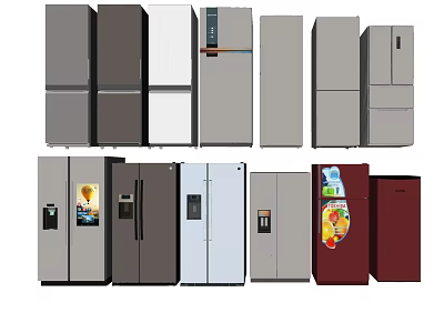 Various Modern Refrigerators And Freezers In Different Colors And Styles For Home Use 3d model