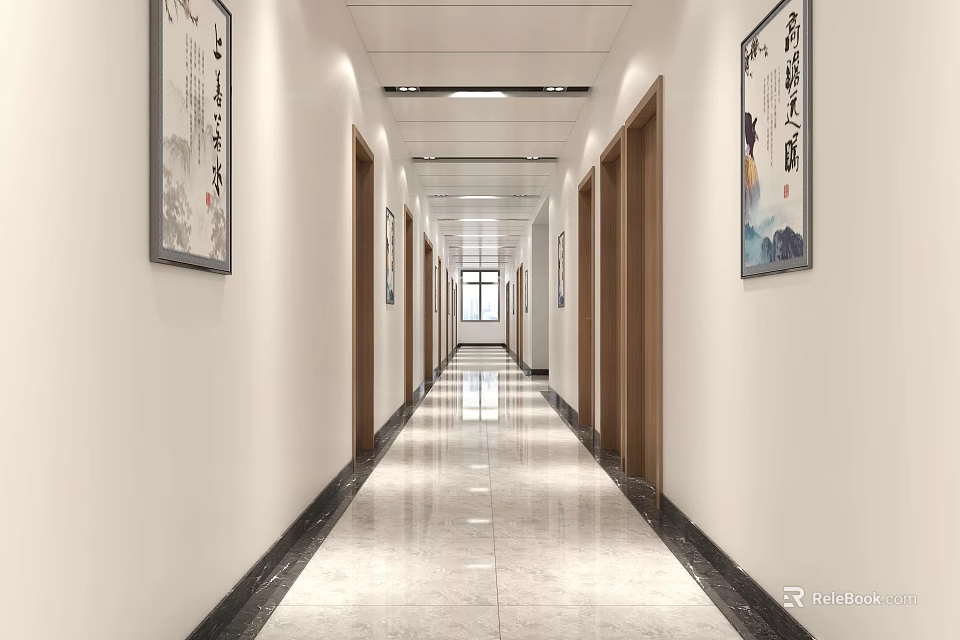 Elevator Corridor Modern Interior With Decorative Paintings Marble Floor And Lighting 3d model