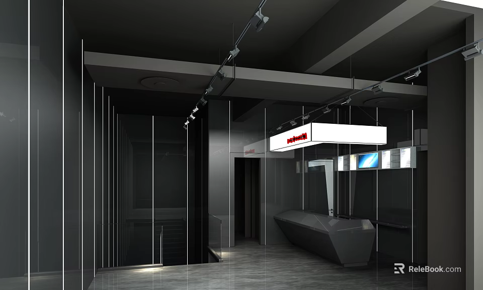 Modern Reception Interior With Black Desk Glass Partitions Red White Sign And Lighting Fixtures 3d model 