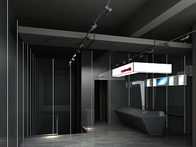 Modern Reception Interior With Black Desk Glass Partitions Red White Sign And Lighting Fixtures 3d model