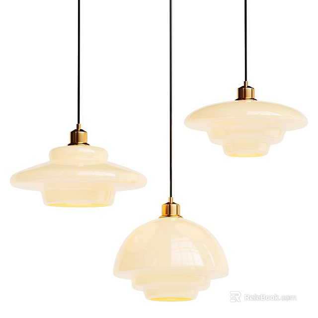 Elegant Cream Glass Pendant Lights With Gold Accents And Dome Shades 3d model 