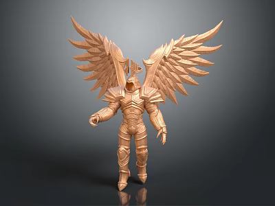 Golden Armored Humanoid Creature with Large Feathered Wings and Avian Head 3d model