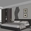 Modern Bedroom Interior With Leather Headboard Framed Art Decorative Wall And Nightstand