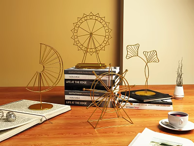 Gold Metal Decorative Ornament Set with Ferris Wheel Fan Ginkgo Leaf for Desk Tabletop Decoration 3d model