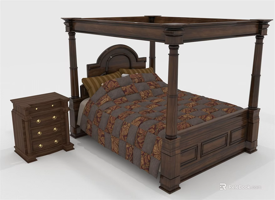 Classic Wooden Four Poster Double Bed With Nightstand And Patterned Bedspread Pillows 3d model 