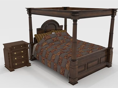 Classic Wooden Four Poster Double Bed With Nightstand And Patterned Bedspread Pillows 3d model