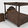 Classic Wooden Four Poster Double Bed With Nightstand And Patterned Bedspread Pillows 3d model