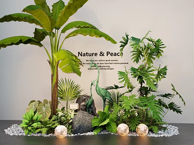 Lush Tropical Plants and Ferns Arrangement with Stone Light Balls White Pebbles for Nature Peace 3d model