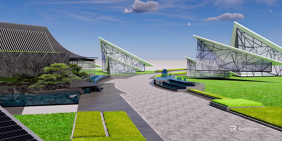 Modern Geometric Architectural Park With Lawn Stone Pathway And Water Features 3d model