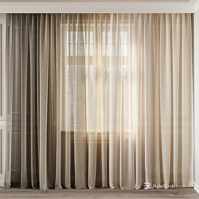 Beige Double Layer Curtains With Sheer And Thick Panels For Window Warm Light 3d model