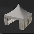 White Pointed Roof Tent With Hanging Side Curtains And Drapery Design