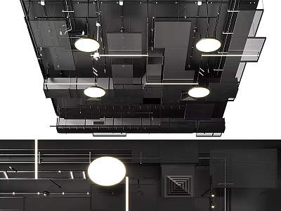 Modern Black Ceiling Design With Geometric Structures And Round Lights 3d model