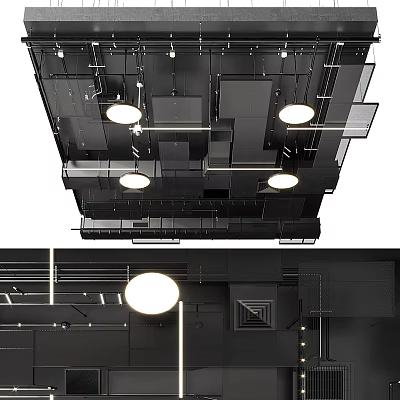 Modern Black Ceiling Design With Geometric Structures And Round Lights 3d model