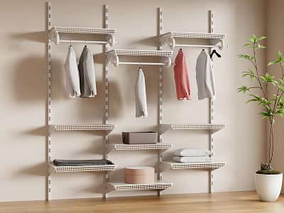 Modern Wall Mounted Clothes Rack With Storage Shelves And Hanging Clothes For Home Organization 3d model
