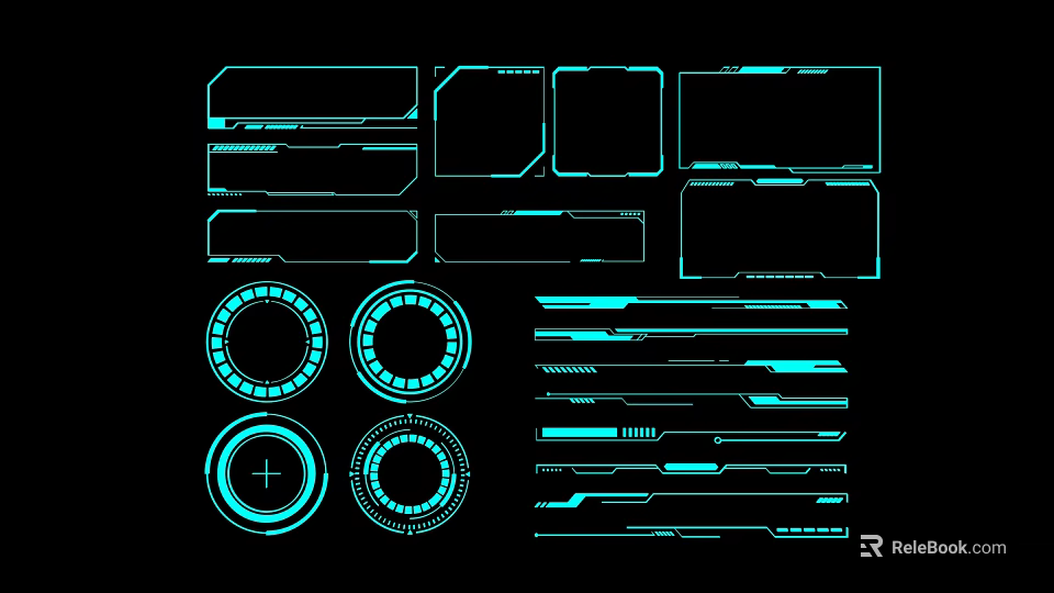 Futuristic Interface Elements with Neon Blue Glow on Dark Background Rectangles Circles and Stripes 3d model 