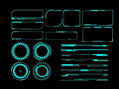 Futuristic Interface Elements with Neon Blue Glow on Dark Background Rectangles Circles and Stripes 3d model