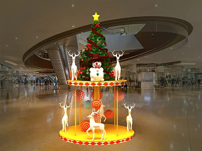 Star Top Christmas Decoration In Shopping Mall Lobby With Carousel Base And Reindeer 3d model