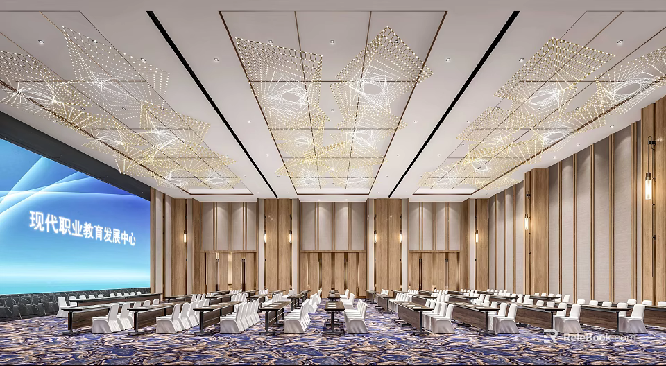 Spacious Conference Room With Geometric Chandeliers Wooden Walls And Large Screen 3d model 