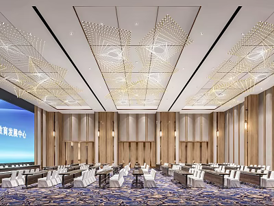Spacious Conference Room With Geometric Chandeliers Wooden Walls And Large Screen 3d model