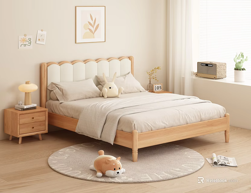 Upholstered Wooden Headboard Double Bed with Plush Toys Nightstand and Round Rug 3d model 
