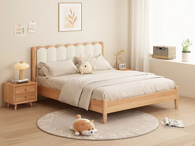 Upholstered Wooden Headboard Double Bed with Plush Toys Nightstand and Round Rug 3d model