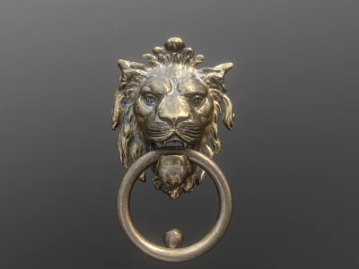 Ornate Lion Head Metal Door Handle With Circular Brass Ring Decoration 3d model