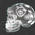 Artistic Skull Sculpture with Intricate Blue and Gold Gear Carving Details