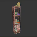 Tall Brown Wooden Shelf With Multiple Shelves Holding Decorative Stone Jar And Box