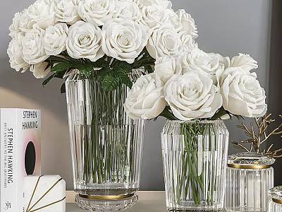 Clear Crystal Vases With White Roses And Green Leaves On Decorative Table 3d model