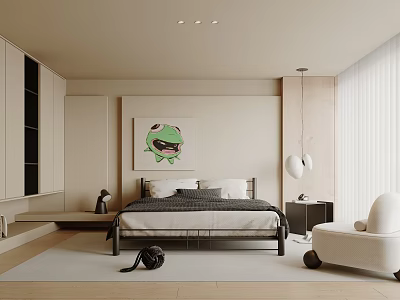 Modern Bedroom Interior With Bed Green Artwork Nightstand And White Accent Chair 3d model