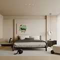 Modern Bedroom Interior With Bed Green Artwork Nightstand And White Accent Chair