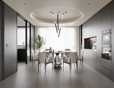 Italian Minimalist Restaurant Black and White Restaurant Round Restaurant Round Dining Table and Chair Solid Wood Single Chair Leather Single Chair Sideboard Chandelier Dream Curtain Jewelry Ornaments 3d model